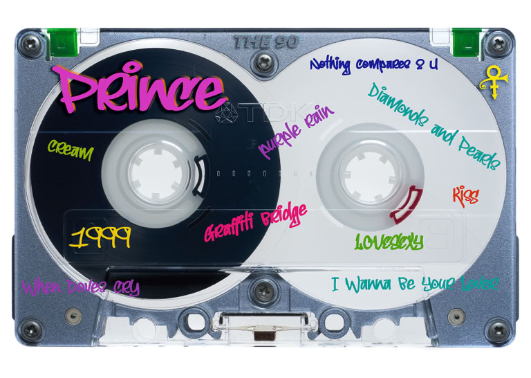 A cassette tape with colorful handwritten text and graphics on the reels, including words like "Prince," "1999," and "Purple Rain."