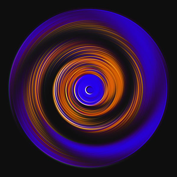 A swirling abstract pattern with concentric circles in vibrant blue and orange hues on a black background.